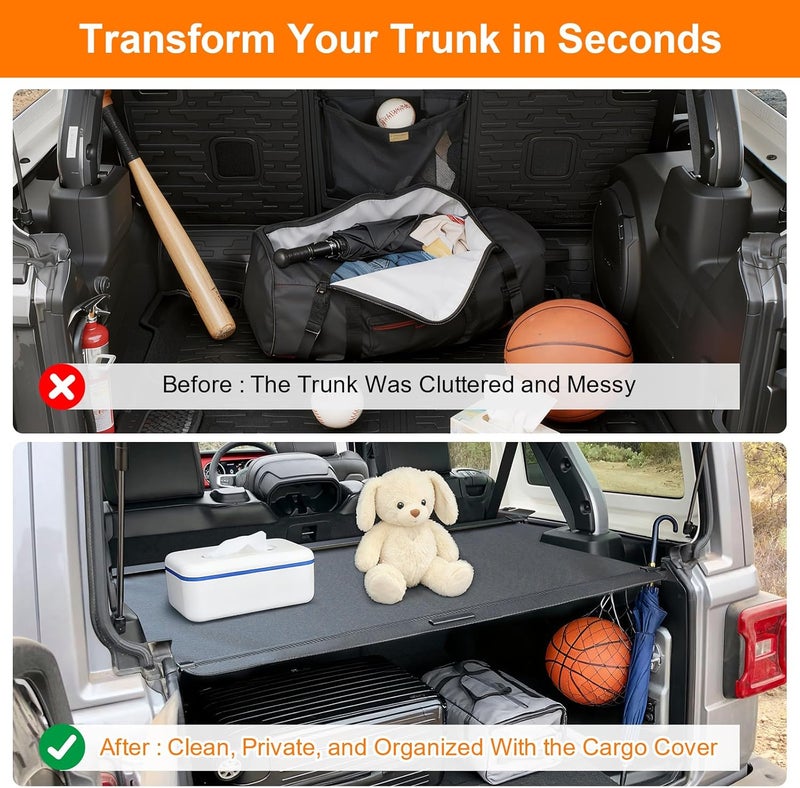 BIGACOVER Cargo Cover for Wrangler JL JLU 4 Door/Hard Top 2018-2023 Retractable Rear Trunk Security Cover Shield Shade (Not for 4XE & Soft Top & Sahara JL Unlimited) - Image 3